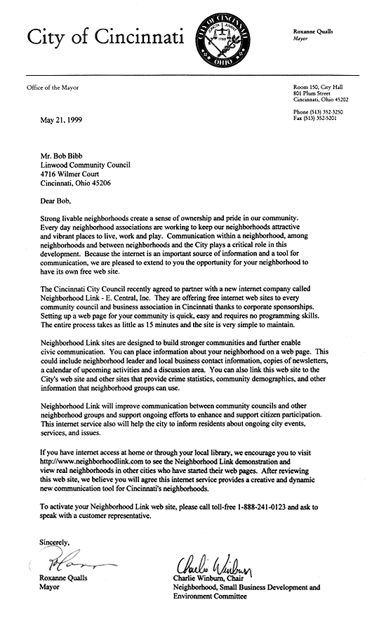Letter From
Cincinnati Mayor
